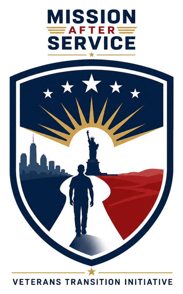 Mission After Service — Veterans Transition Initiative. A service member walks a path toward the Statue of Liberty, flanked by a navy field on the left and a red field on the right.